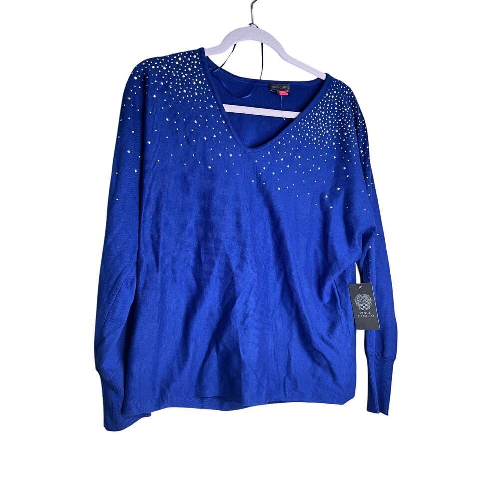 Vince Camuto Embellished Sweater Knitted‎ V-Neck Long Sleeve Blue Womens Large